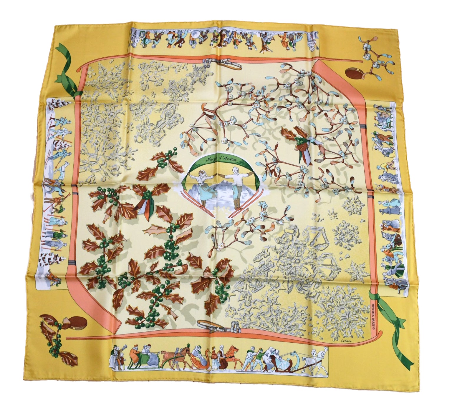 希少❣️HERMES 【Neige d'Antan】去年の雪　カレジェアン140 Hermes Scarf Neige d'Antan Silk 90 cm yellow Snow ski Carre 35