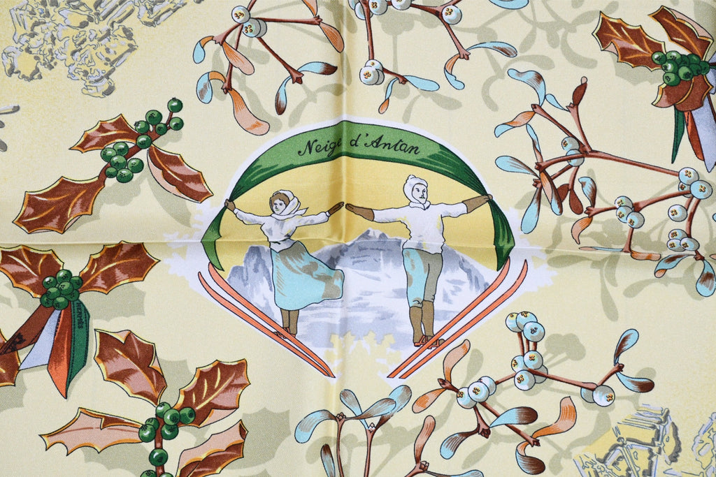 Hermes Scarf Neige d'Antan Silk 90 cm yellow Snow ski Carre 35"