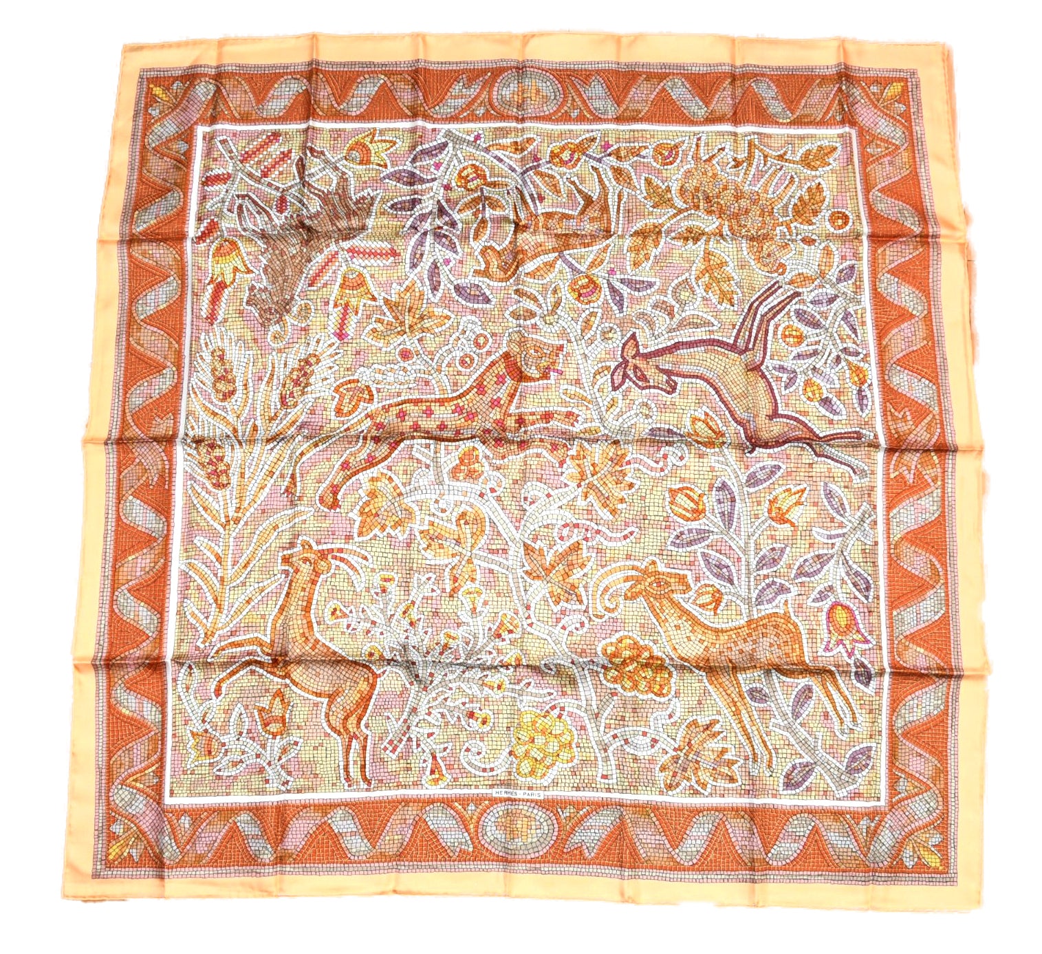 Hermes Scarf PAVEMENT 90 cm silk orange beige mosaic animal Carre