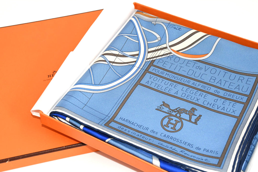 Hermes Scarf PETIT DUC 90 cm silk blue horse carriage 35"