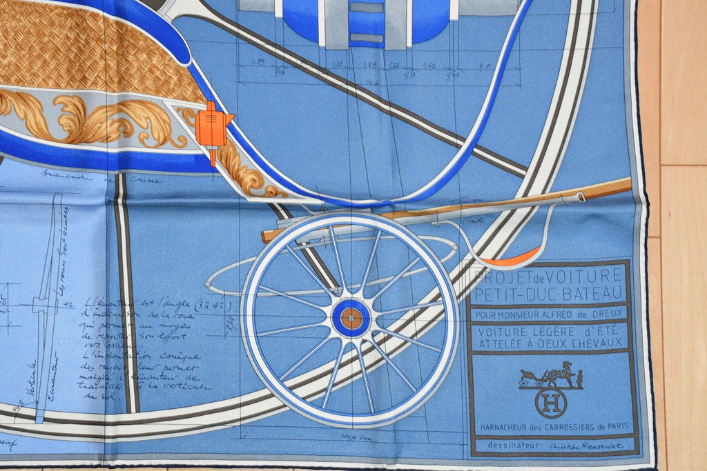 Hermes Scarf PETIT DUC 90 cm silk blue horse carriage 35"