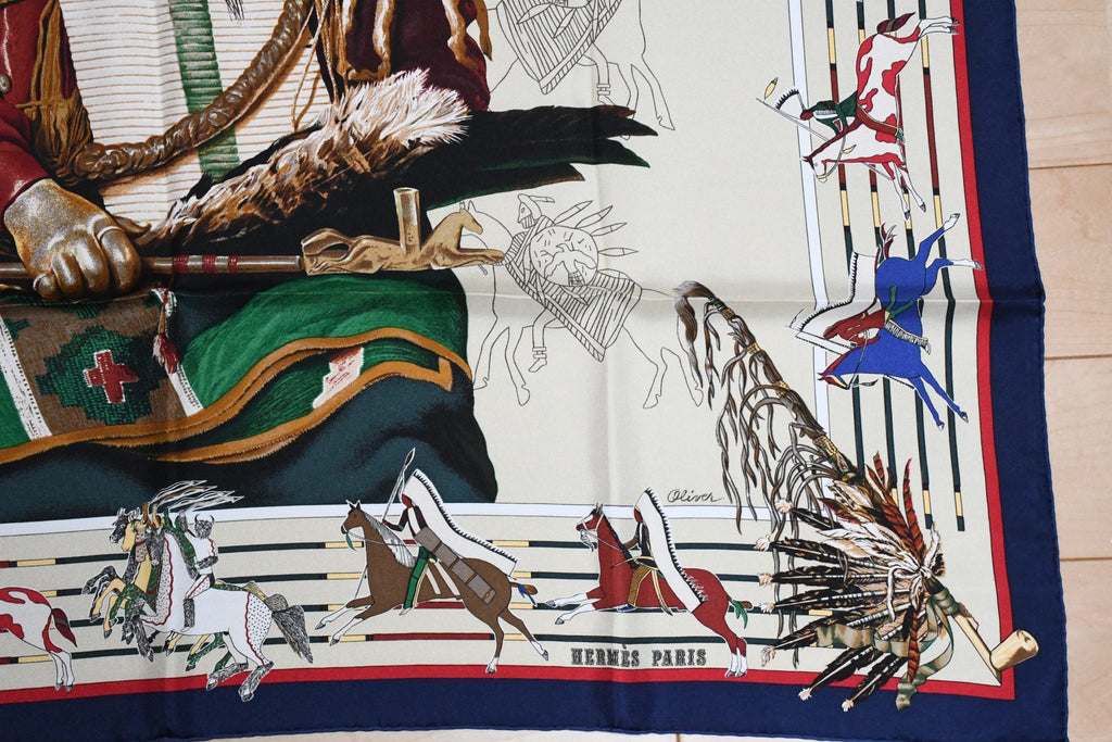 Hermes Scarf Pani La Shar Pawnee 90 cm silk beige Carre native vintage