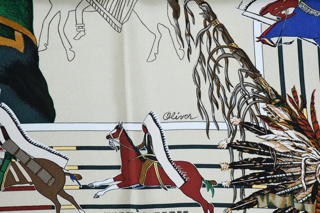 Hermes Scarf Pani La Shar Pawnee 90 cm silk beige Carre native vintage
