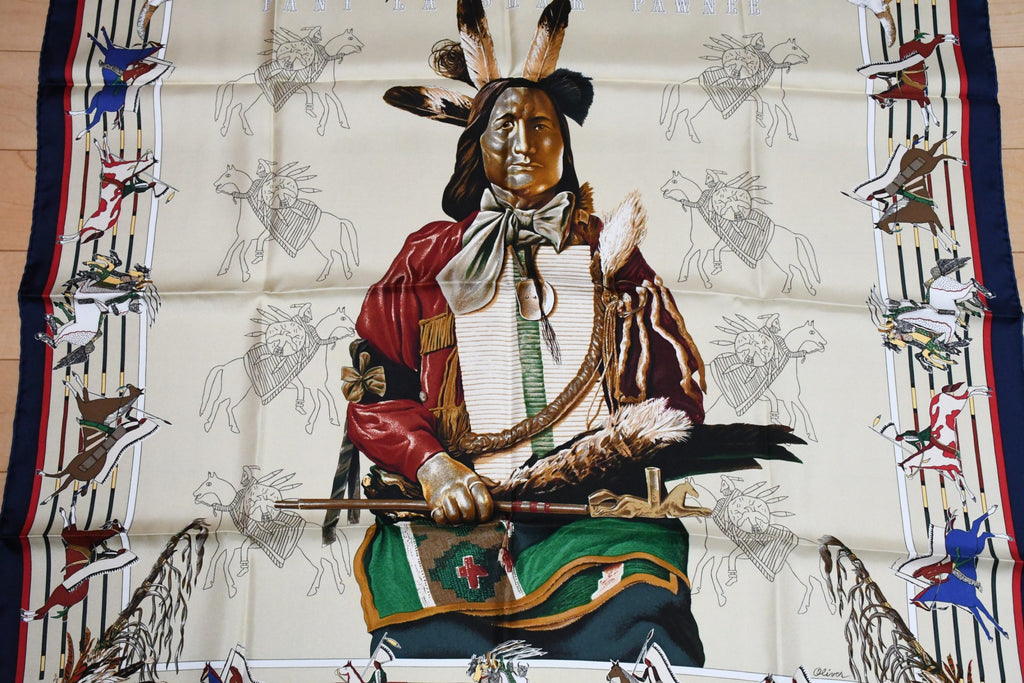 Hermes Scarf Pani La Shar Pawnee 90 cm silk beige Carre native vintage