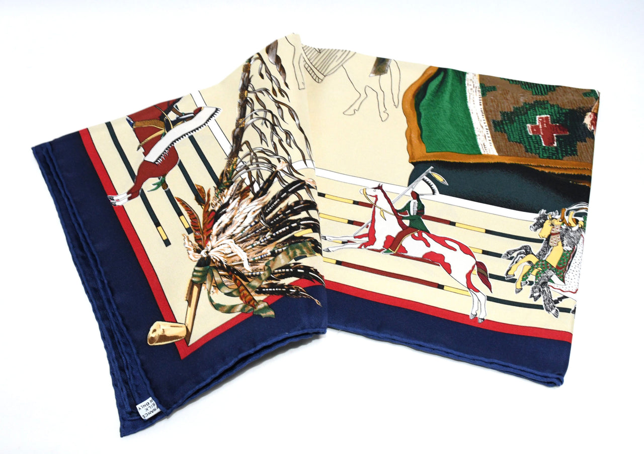 Hermes Scarf Pani La Shar Pawnee 90 cm silk beige Carre native vintage