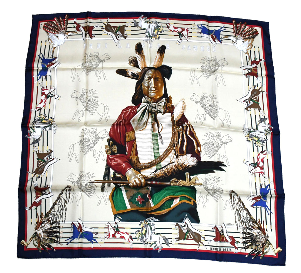 Hermes Scarf Pani La Shar Pawnee 90 cm silk beige Carre native vintage