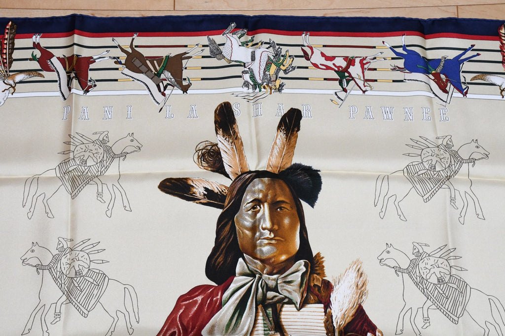 Hermes Scarf Pani La Shar Pawnee 90 cm silk beige Carre native vintage