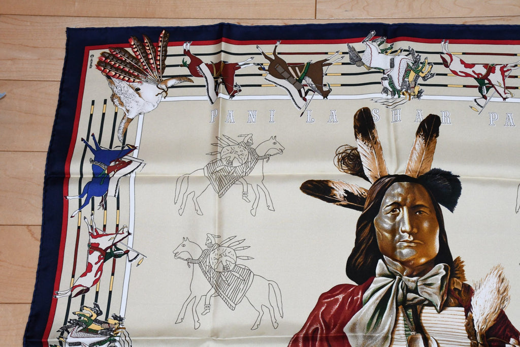 Hermes Scarf Pani La Shar Pawnee 90 cm silk beige Carre native vintage
