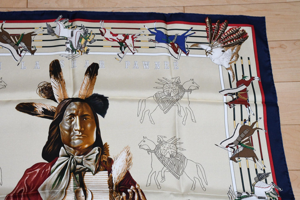 Hermes Scarf Pani La Shar Pawnee 90 cm silk beige Carre native vintage