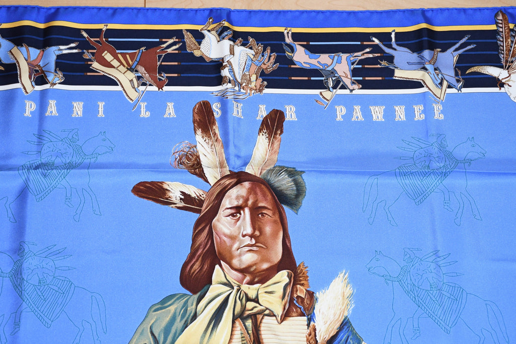 Hermes Scarf Pani La Shar Pawnee 90 cm silk blue Carre native 35"