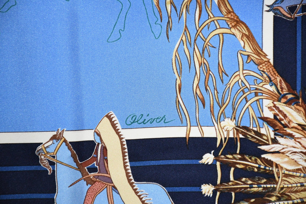 Hermes Scarf Pani La Shar Pawnee 90 cm silk blue Carre native 35"
