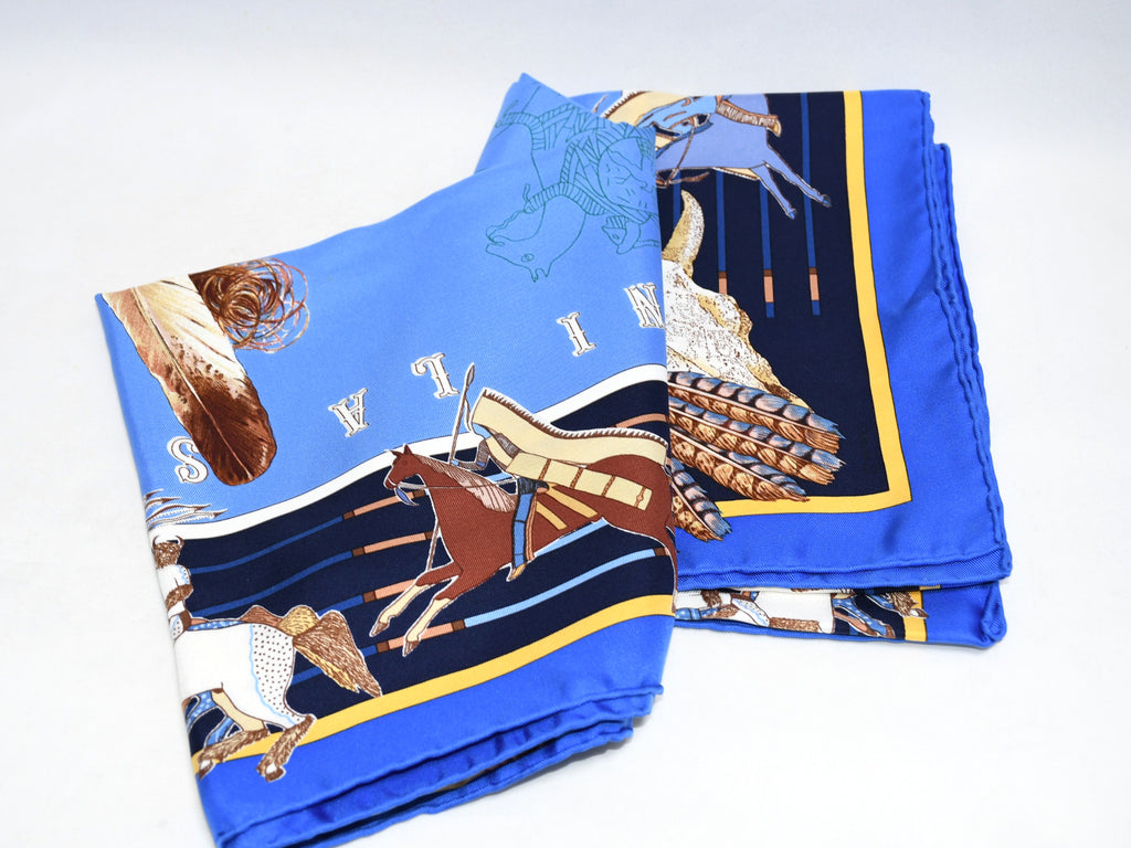 Hermes Scarf Pani La Shar Pawnee 90 cm silk blue Carre native 35"