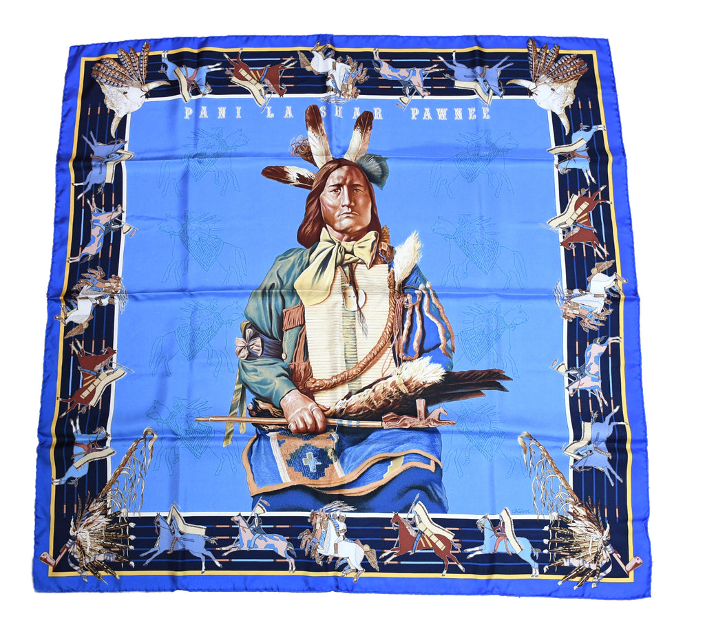 Hermes Scarf Pani La Shar Pawnee 90 cm silk blue Carre native 35"