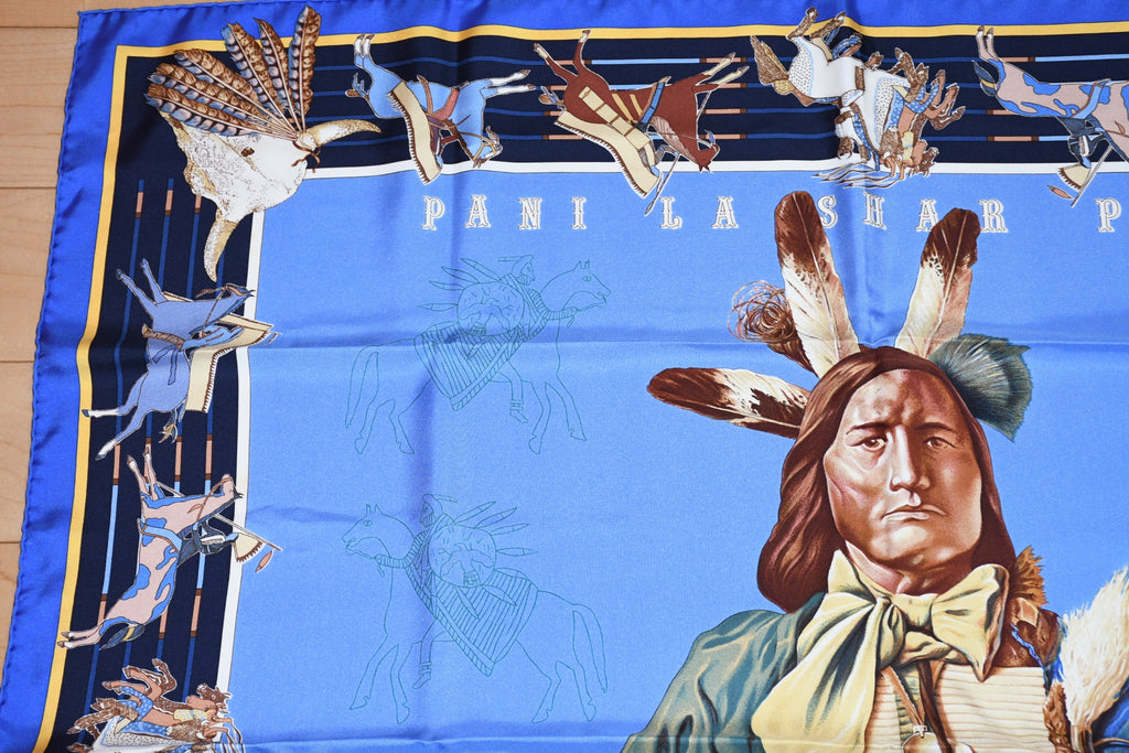 Hermes Scarf Pani La Shar Pawnee 90 cm silk blue Carre native 35"