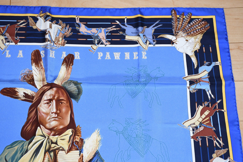 Hermes Scarf Pani La Shar Pawnee 90 cm silk blue Carre native 35"