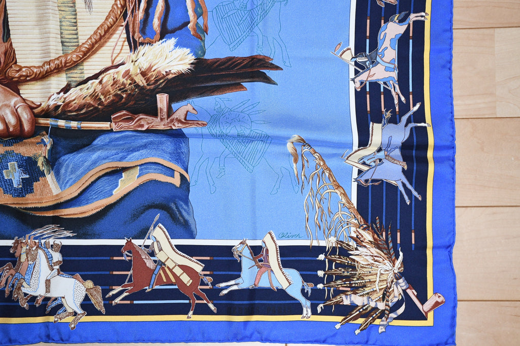 Hermes Scarf Pani La Shar Pawnee 90 cm silk blue Carre native 35"