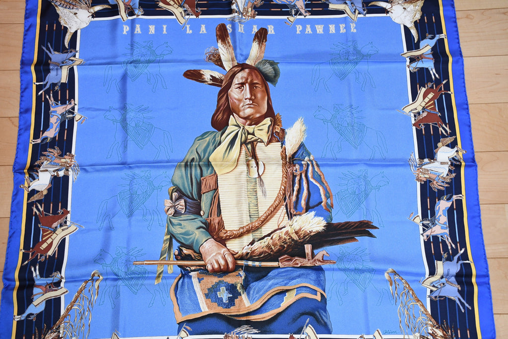Hermes Scarf Pani La Shar Pawnee 90 cm silk blue Carre native 35"