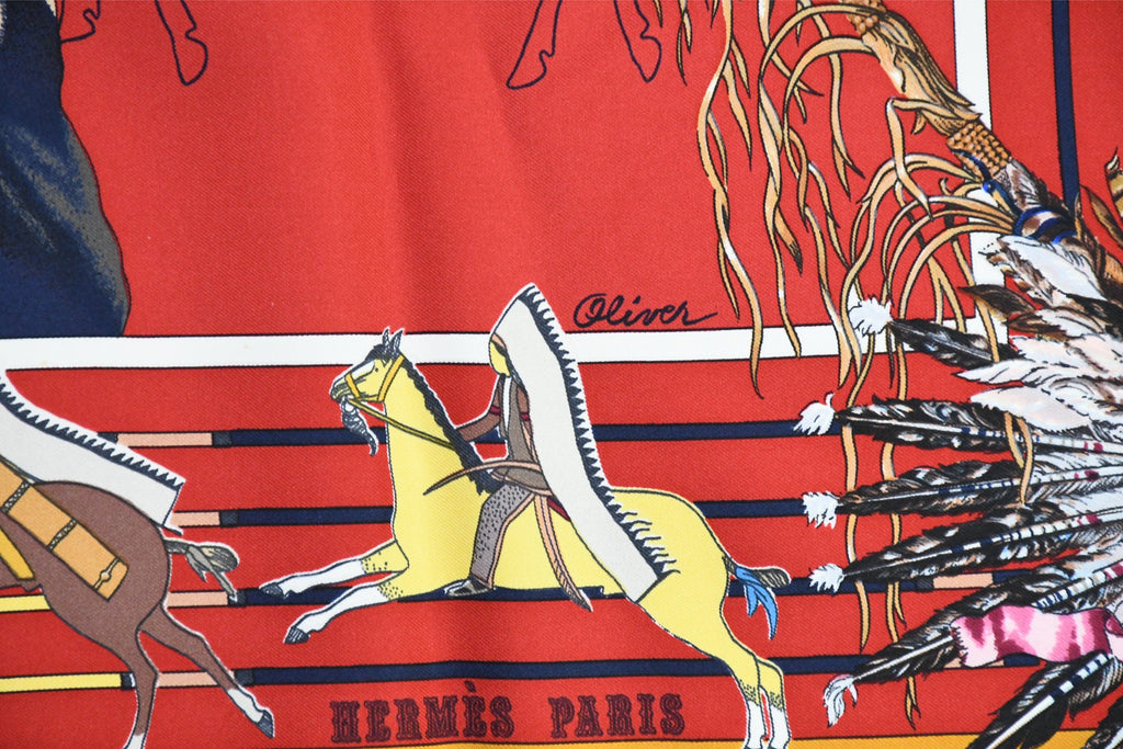 Hermes Scarf Pani La Shar Pawnee 90 cm silk red native american Carre