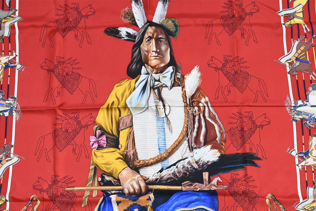 Hermes Scarf Pani La Shar Pawnee 90 cm silk red native american Carre