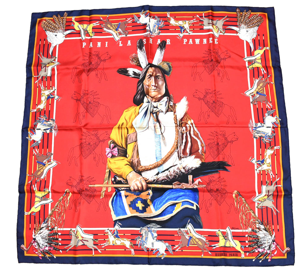 Hermes Scarf Pani La Shar Pawnee 90 cm silk red native american Carre