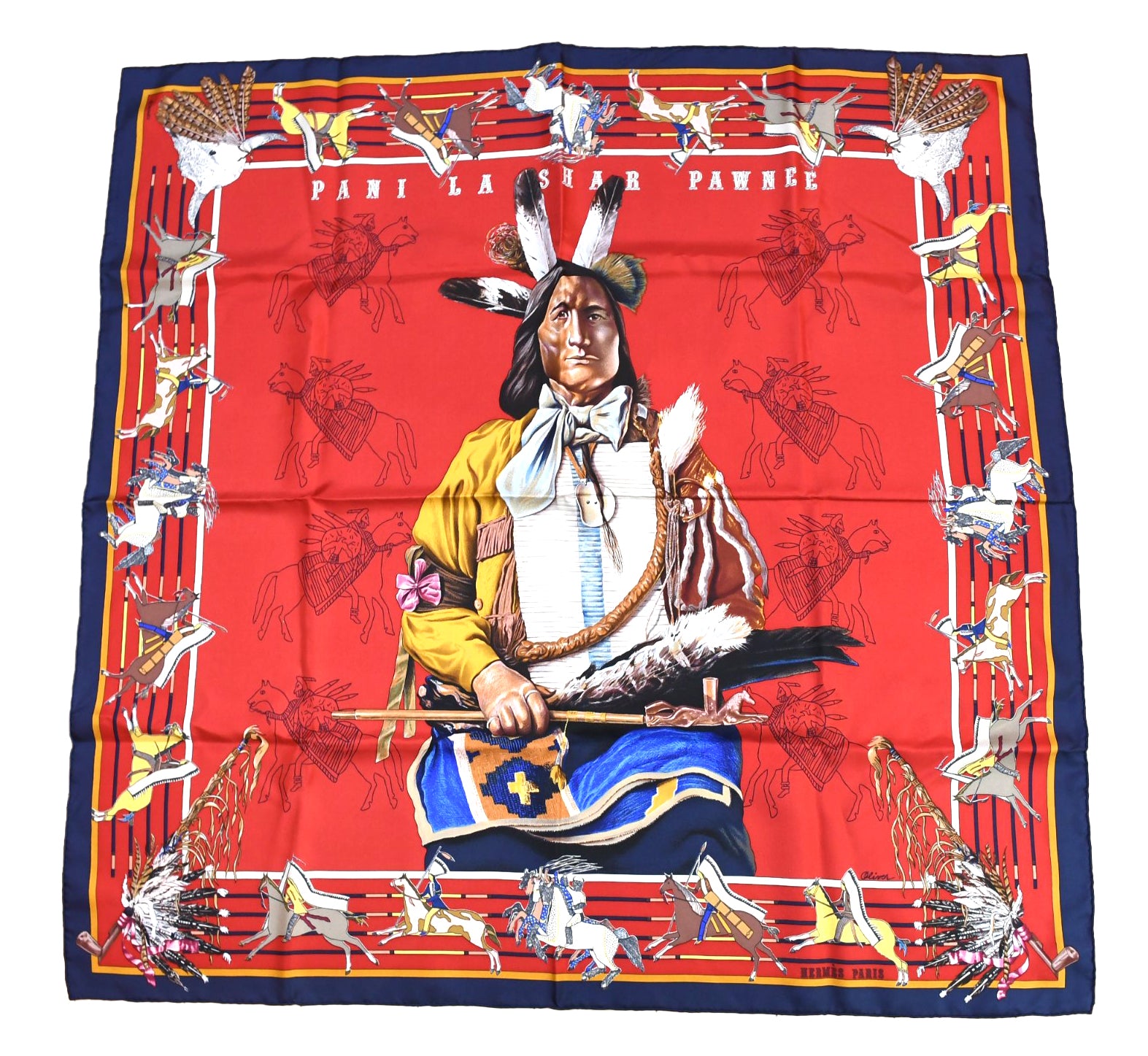 Hermes Scarf Pani La Shar Pawnee 90 cm silk red native american