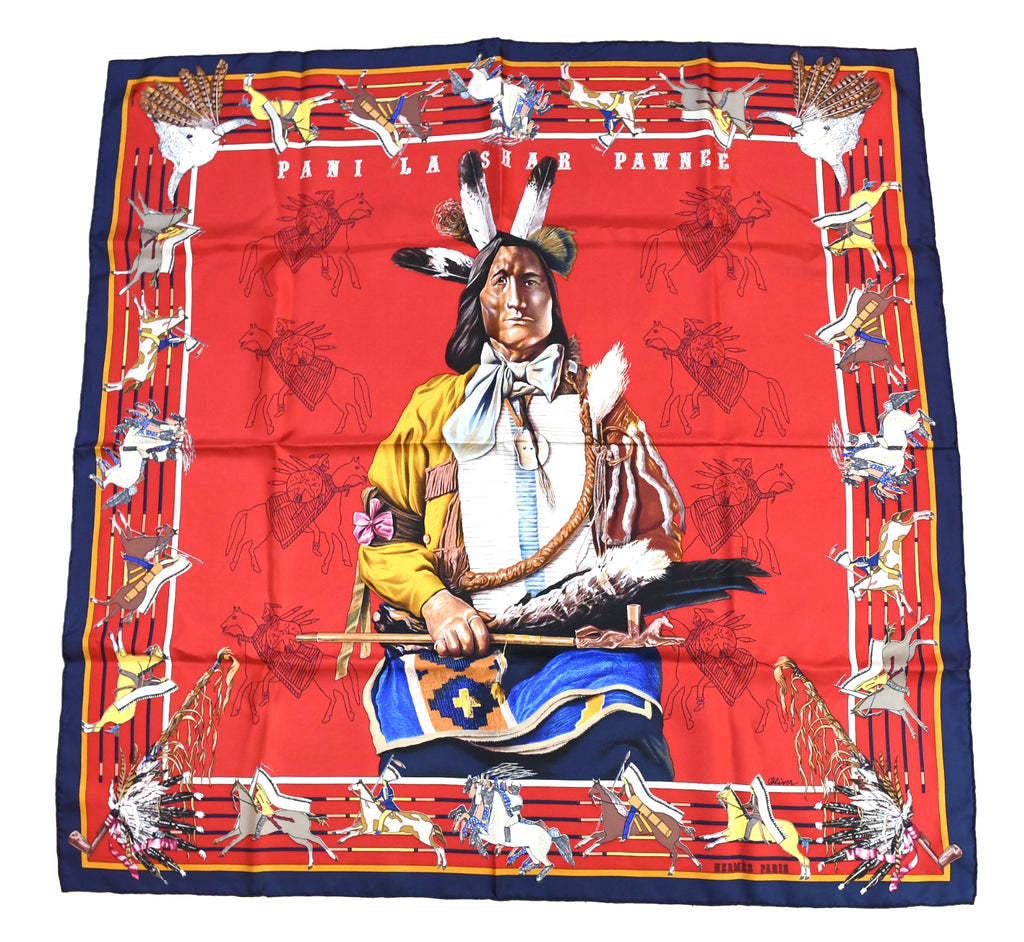 Hermes Scarf Pani La Shar Pawnee 90 cm silk red native american Carre