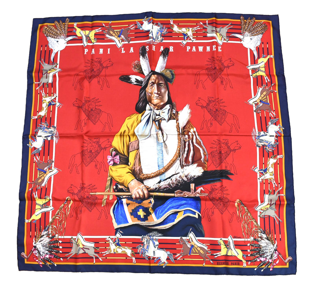 Hermes Scarf Pani La Shar Pawnee 90 cm silk red native american Carre