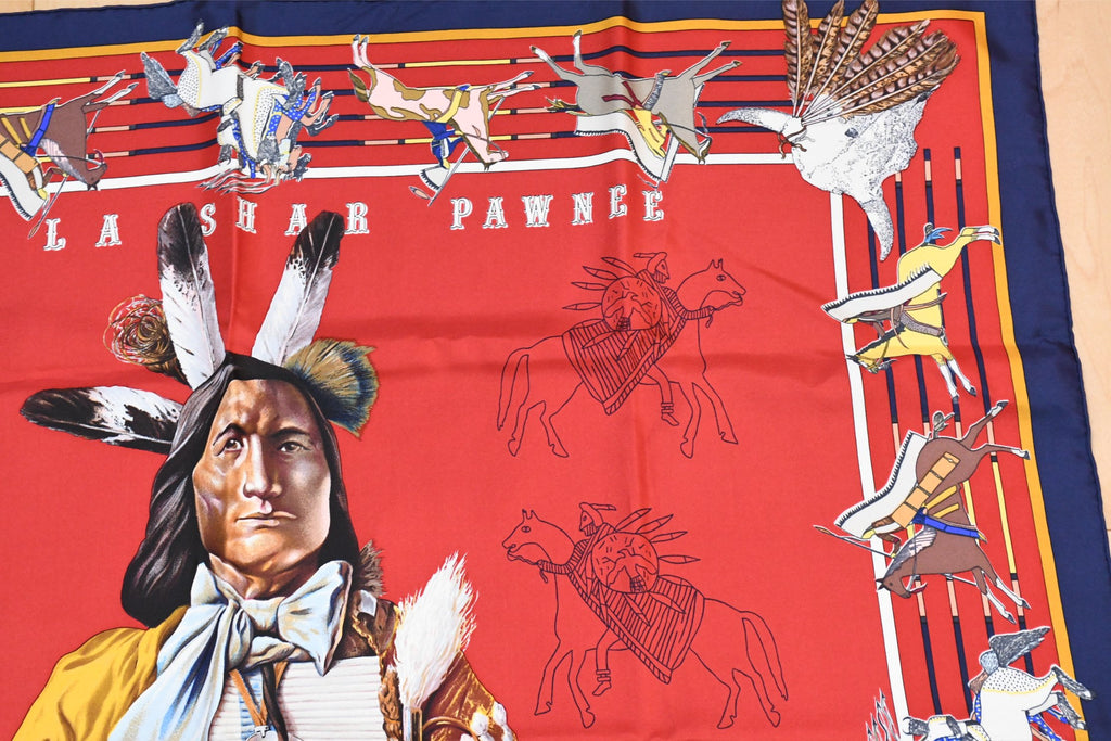 Hermes Scarf Pani La Shar Pawnee 90 cm silk red native american Carre