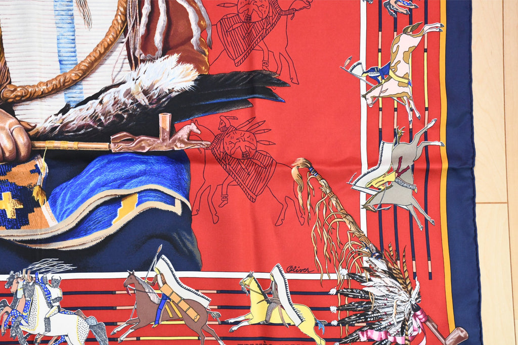 Hermes Scarf Pani La Shar Pawnee 90 cm silk red native american Carre