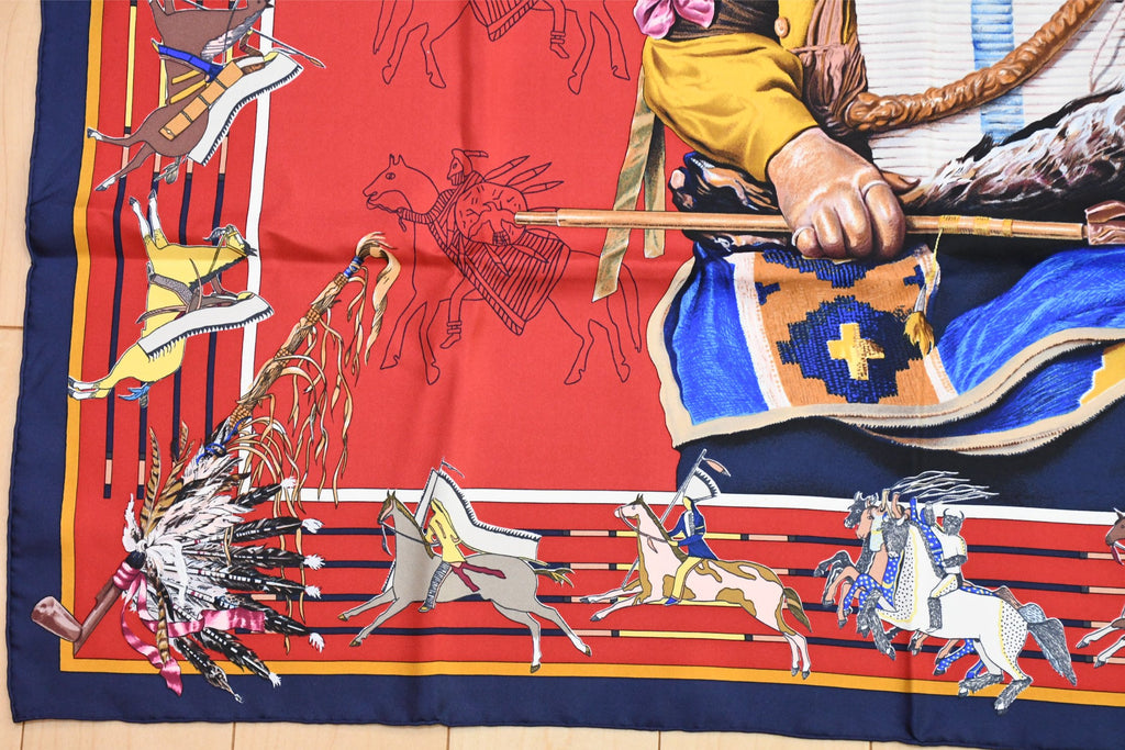 Hermes Scarf Pani La Shar Pawnee 90 cm silk red native american Carre