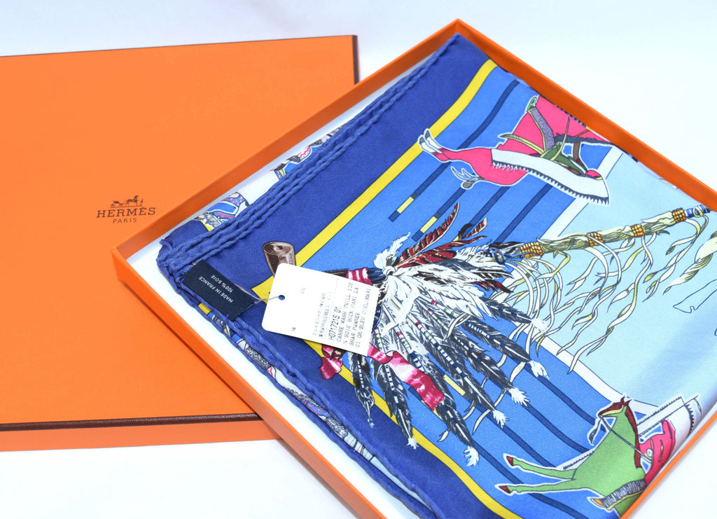 Hermes Scarf Pani La Shar Pawnee Silk 90 cm Blue Carre wash 35" R38