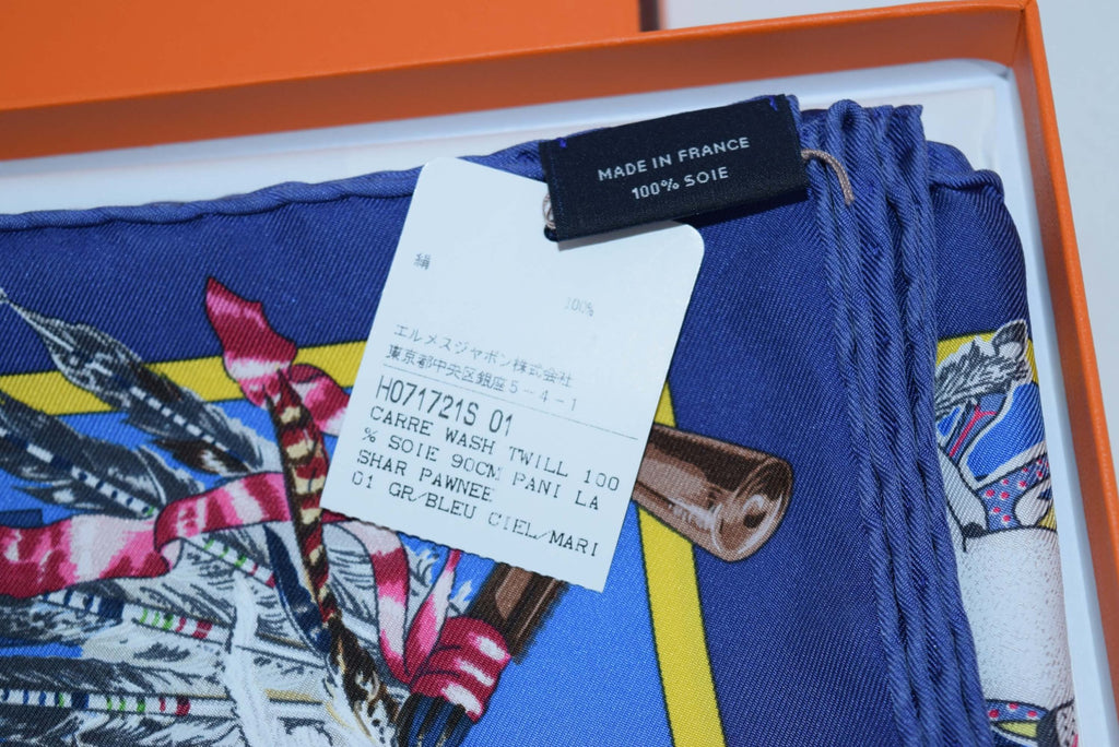 Hermes Scarf Pani La Shar Pawnee Silk 90 cm Blue Carre wash 35" R38