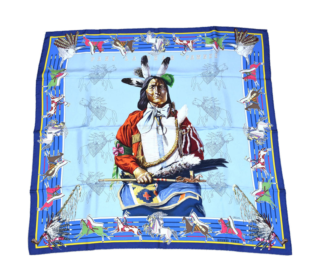 Hermes Scarf Pani La Shar Pawnee Silk 90 cm Blue Carre wash 35" R38