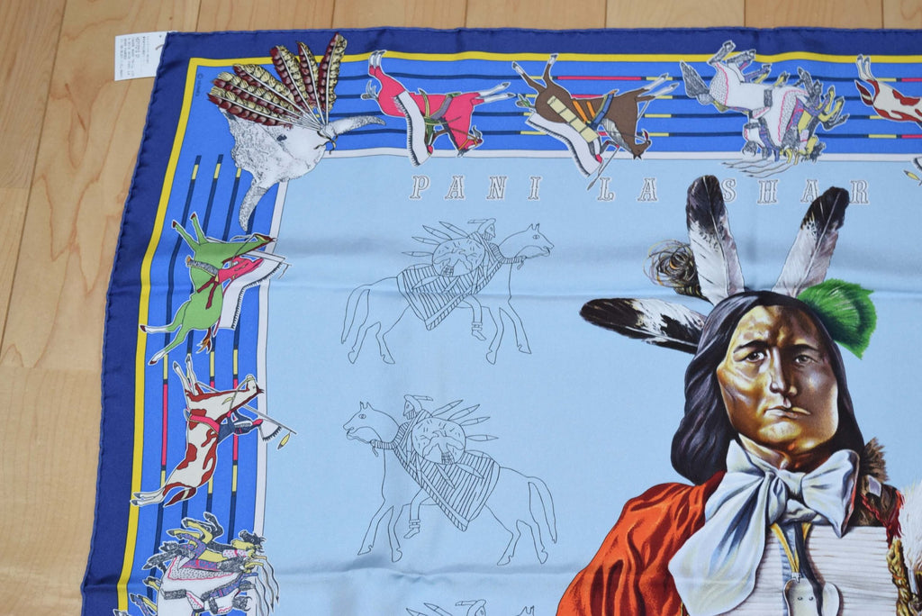 Hermes Scarf Pani La Shar Pawnee Silk 90 cm Blue Carre wash 35" R38