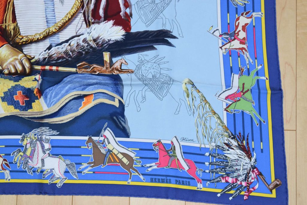 Hermes Scarf Pani La Shar Pawnee Silk 90 cm Blue Carre wash 35" R38