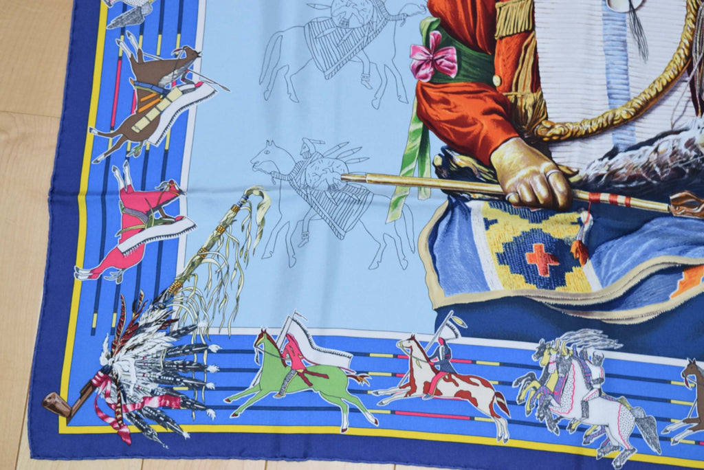 Hermes Scarf Pani La Shar Pawnee Silk 90 cm Blue Carre wash 35" R38