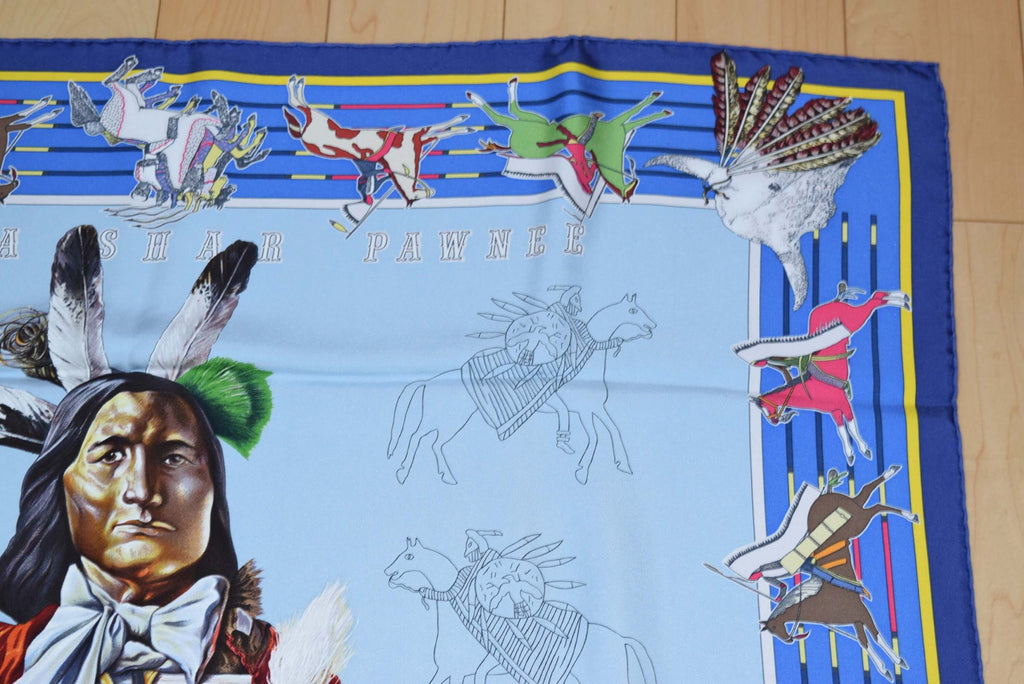 Hermes Scarf Pani La Shar Pawnee Silk 90 cm Blue Carre wash 35" R38