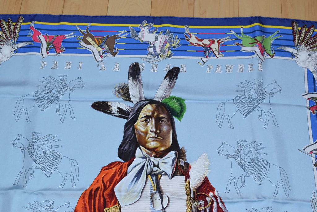 Hermes Scarf Pani La Shar Pawnee Silk 90 cm Blue Carre wash 35" R38
