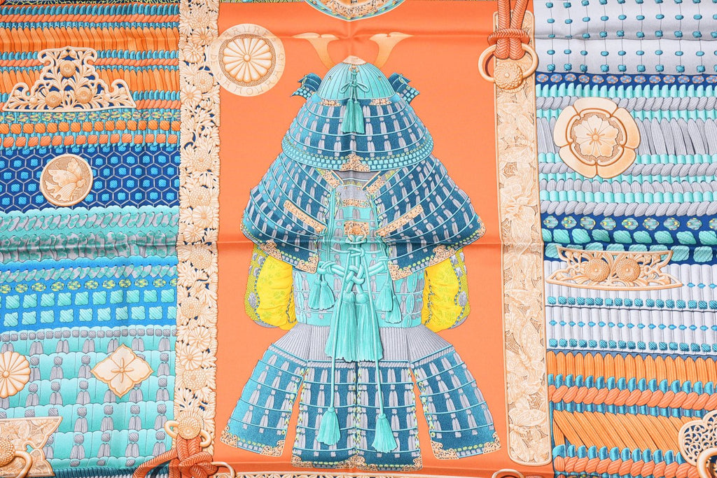 Hermes Scarf Parures de Samourais 90 cm silk orange samurai Carre 35"