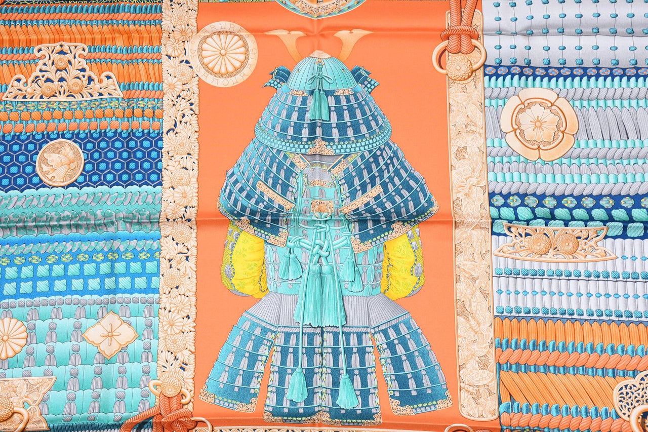Hermes Scarf Parures de Samourais 90 cm silk orange samurai Carre 35"