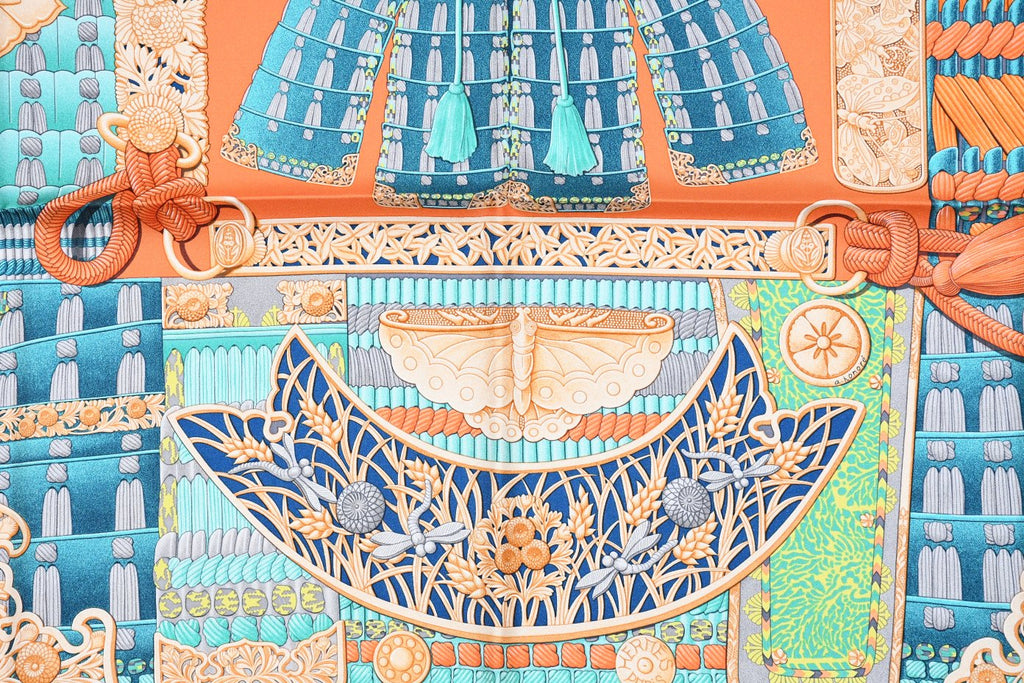 Hermes Scarf Parures de Samourais 90 cm silk orange samurai Carre 35"