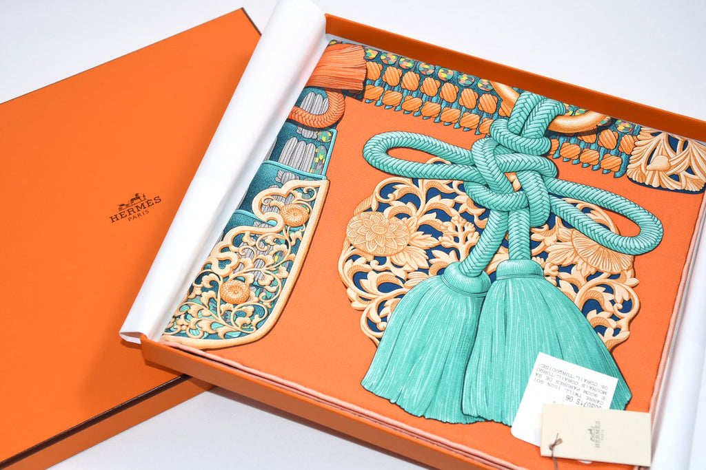 Hermes Scarf Parures de Samourais 90 cm silk orange samurai Carre 35"