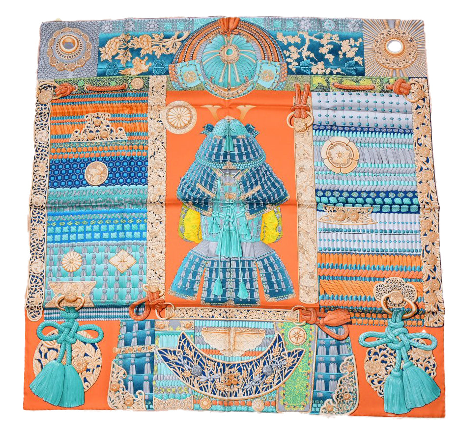 Hermes Scarf Parures de Samourais 90 cm silk orange samurai Carre 35"