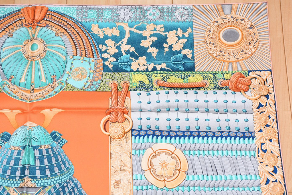 Hermes Scarf Parures de Samourais 90 cm silk orange samurai Carre 35"