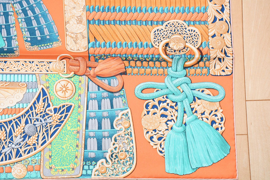 Hermes Scarf Parures de Samourais 90 cm silk orange samurai Carre 35"