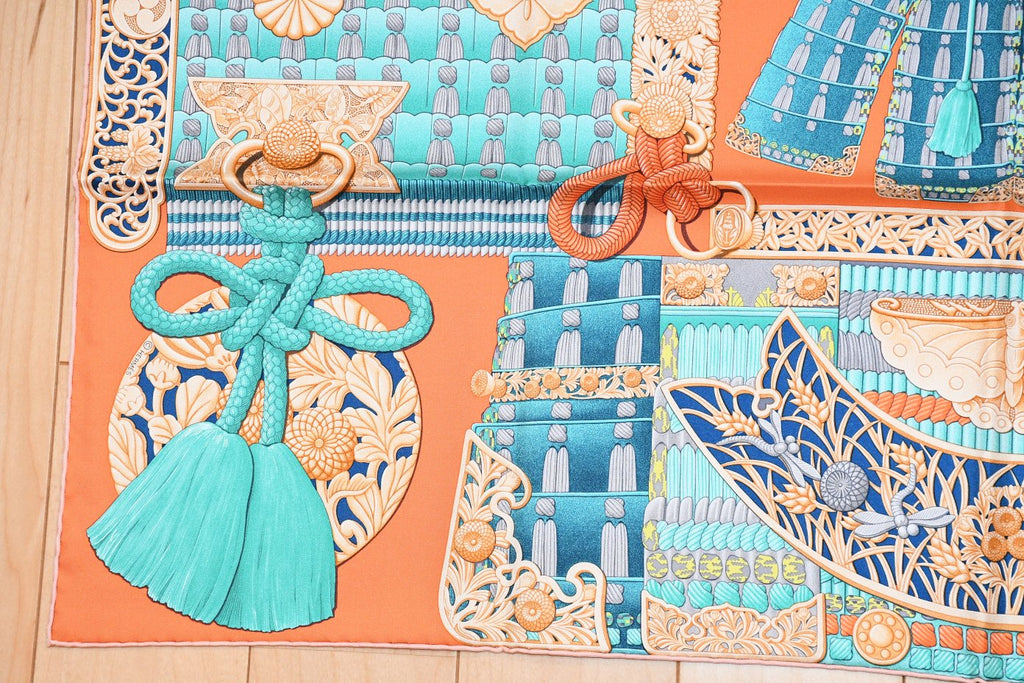 Hermes Scarf Parures de Samourais 90 cm silk orange samurai Carre 35"