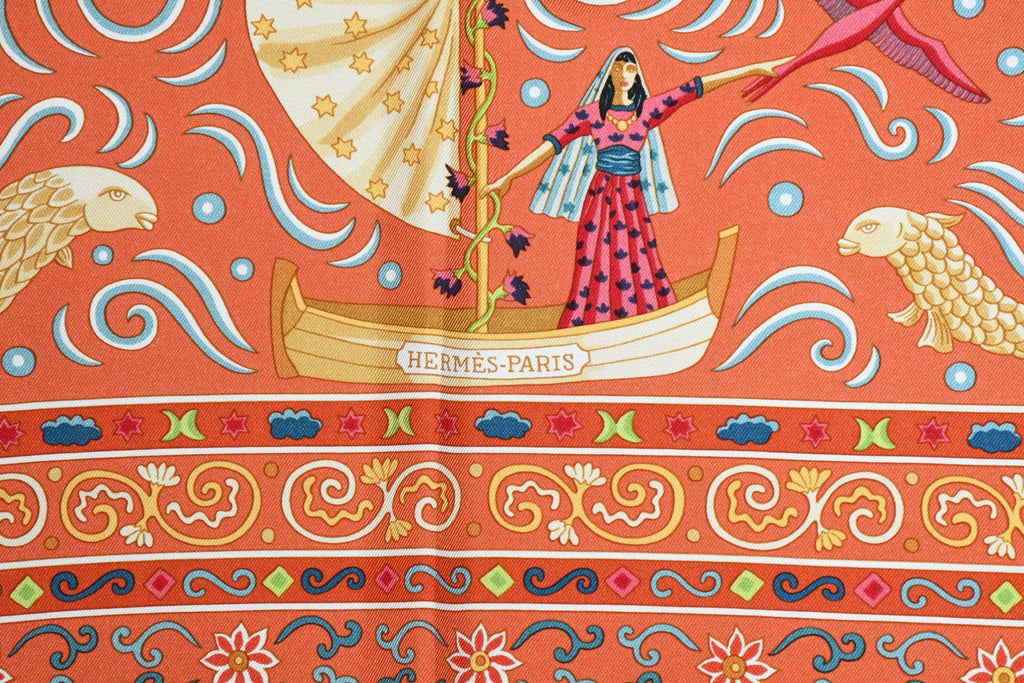 Hermes Scarf Peuple du Vent 90 cm Silk orange Carre wind bird 35"