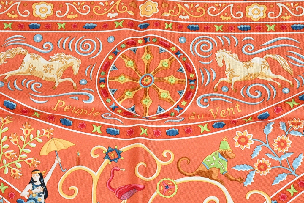 Hermes Scarf Peuple du Vent 90 cm Silk orange Carre wind bird 35"