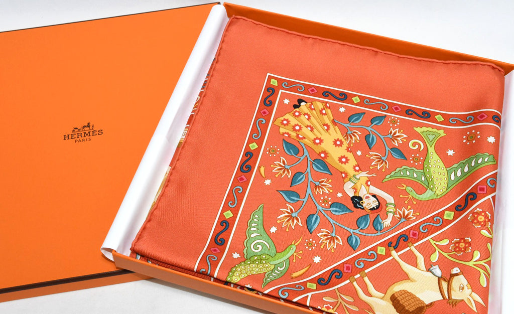 Hermes Scarf Peuple du Vent 90 cm Silk orange Carre wind bird 35"