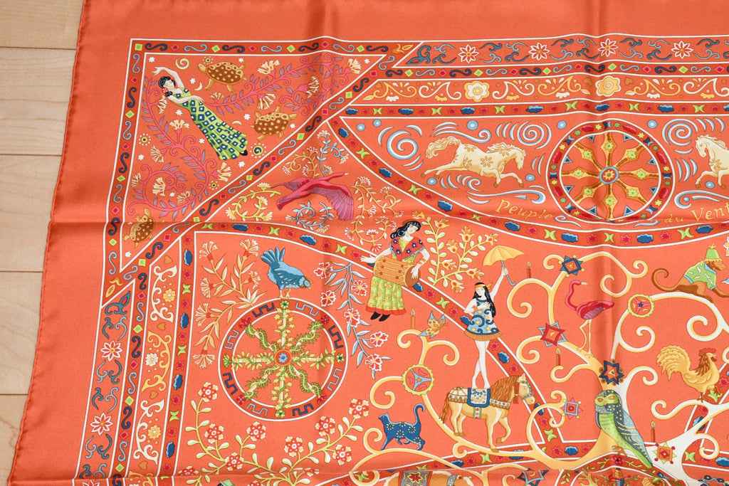Hermes Scarf Peuple du Vent 90 cm Silk orange Carre wind bird 35"